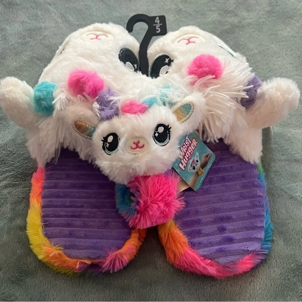 LITTLE Girls Llama Slippers and Wrist Hugger Slap Bracelet
